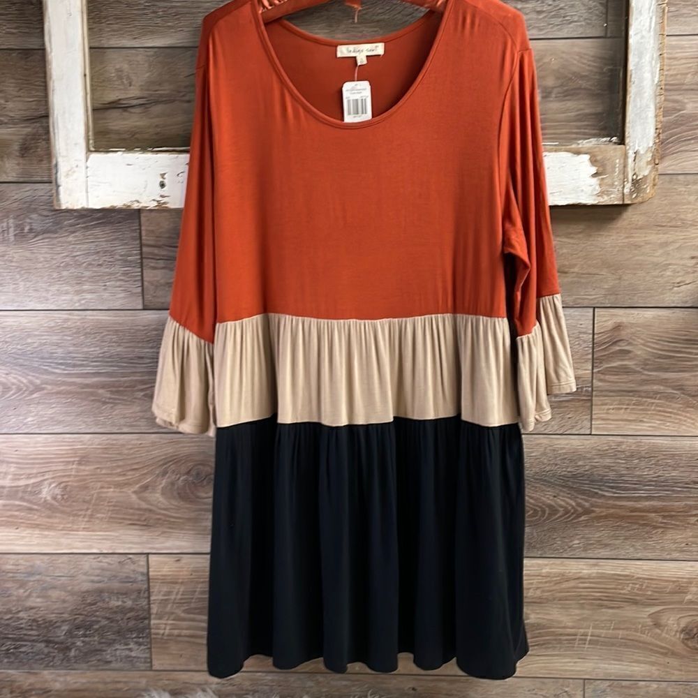 Indigo Soul Ladies Boho Casual Dress Tunic Size L, Rust,Tan&Black,New with Tags